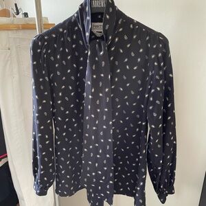 Ports Vintage Lg Sleeve Paisley Cotton + Wool Blouse Navy White Gray Sz 6